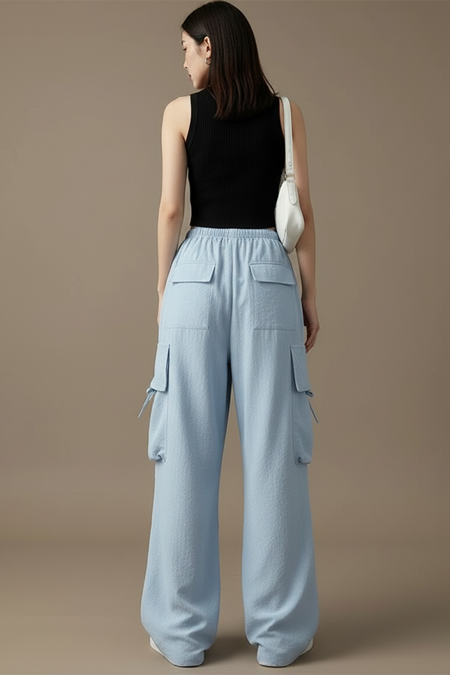 Pantalon Cargo Bleu Ample Multipoches Fluide Femme - Lin - vue 2