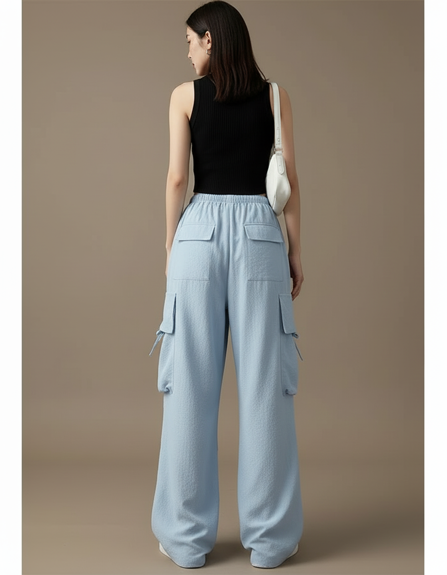 Pantalon Cargo Bleu Ample Multipoches Fluide Femme - Lin - vue 2
