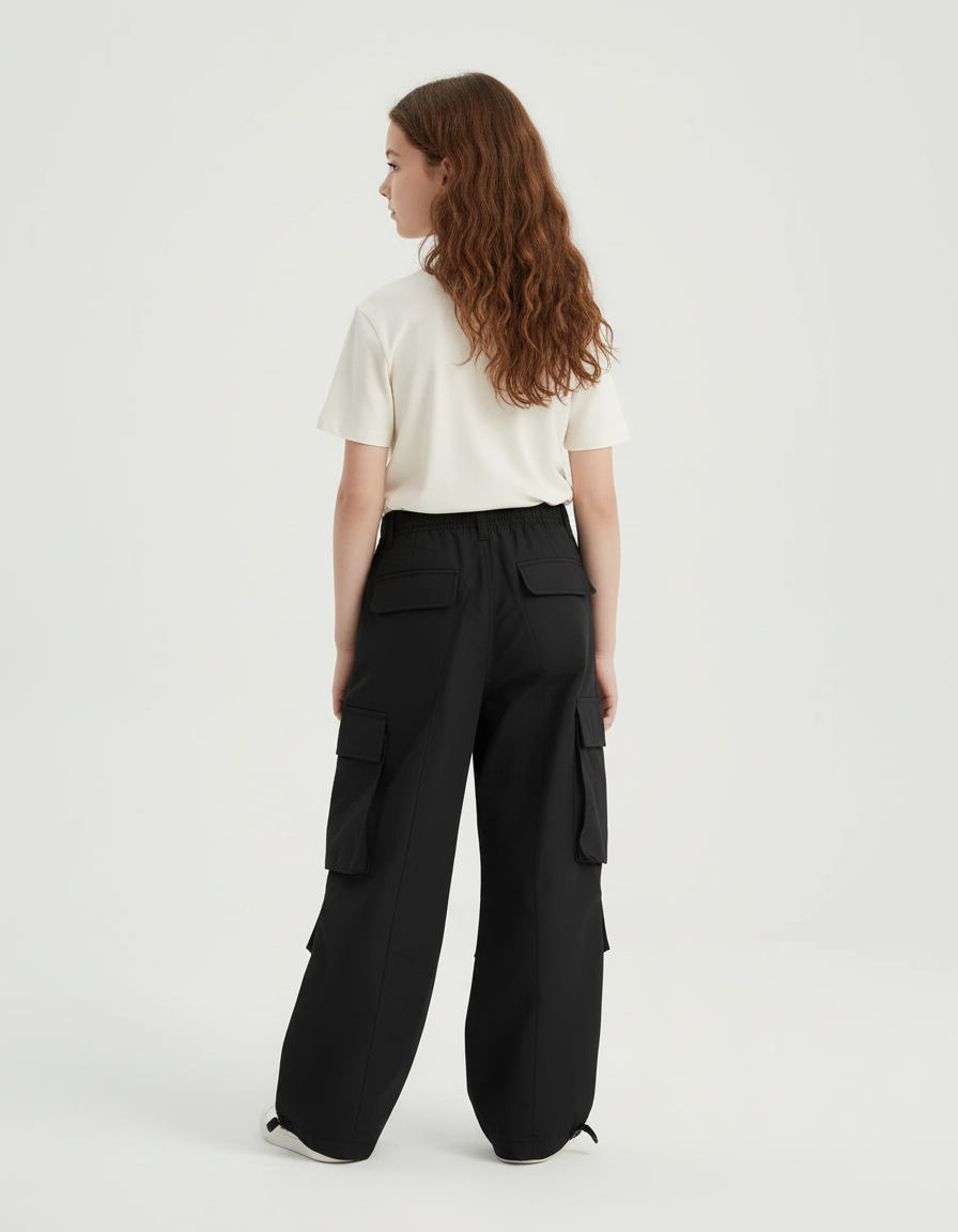 Pantalon Cargo Noir Large Décontracté Enfant Ado - Polyester - vue 2