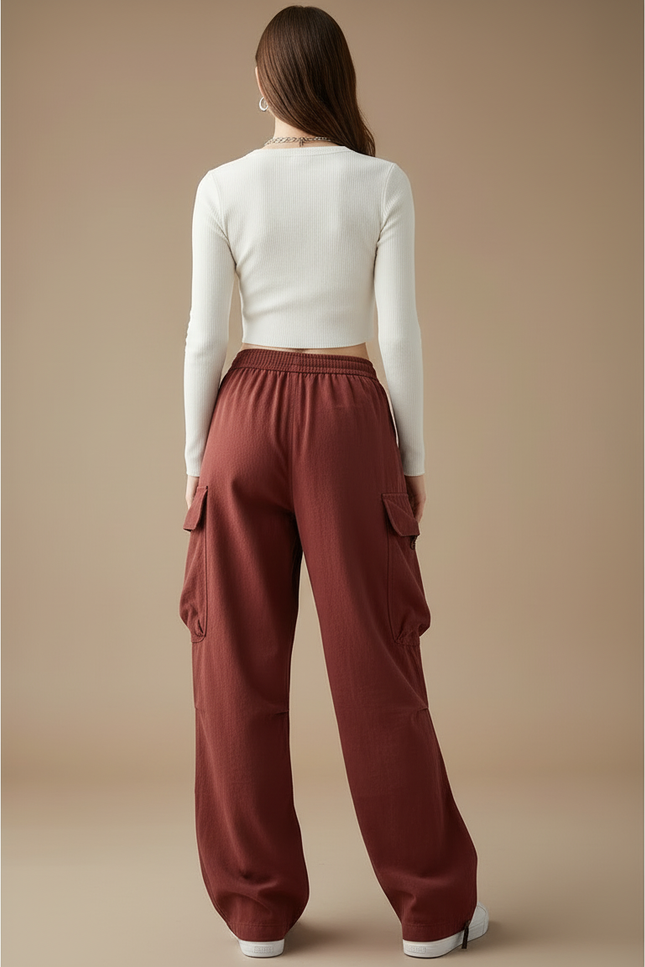 Pantalon Cargo Marron Ample Taille Élastique Femme - Bordeaux Toile - vue 2