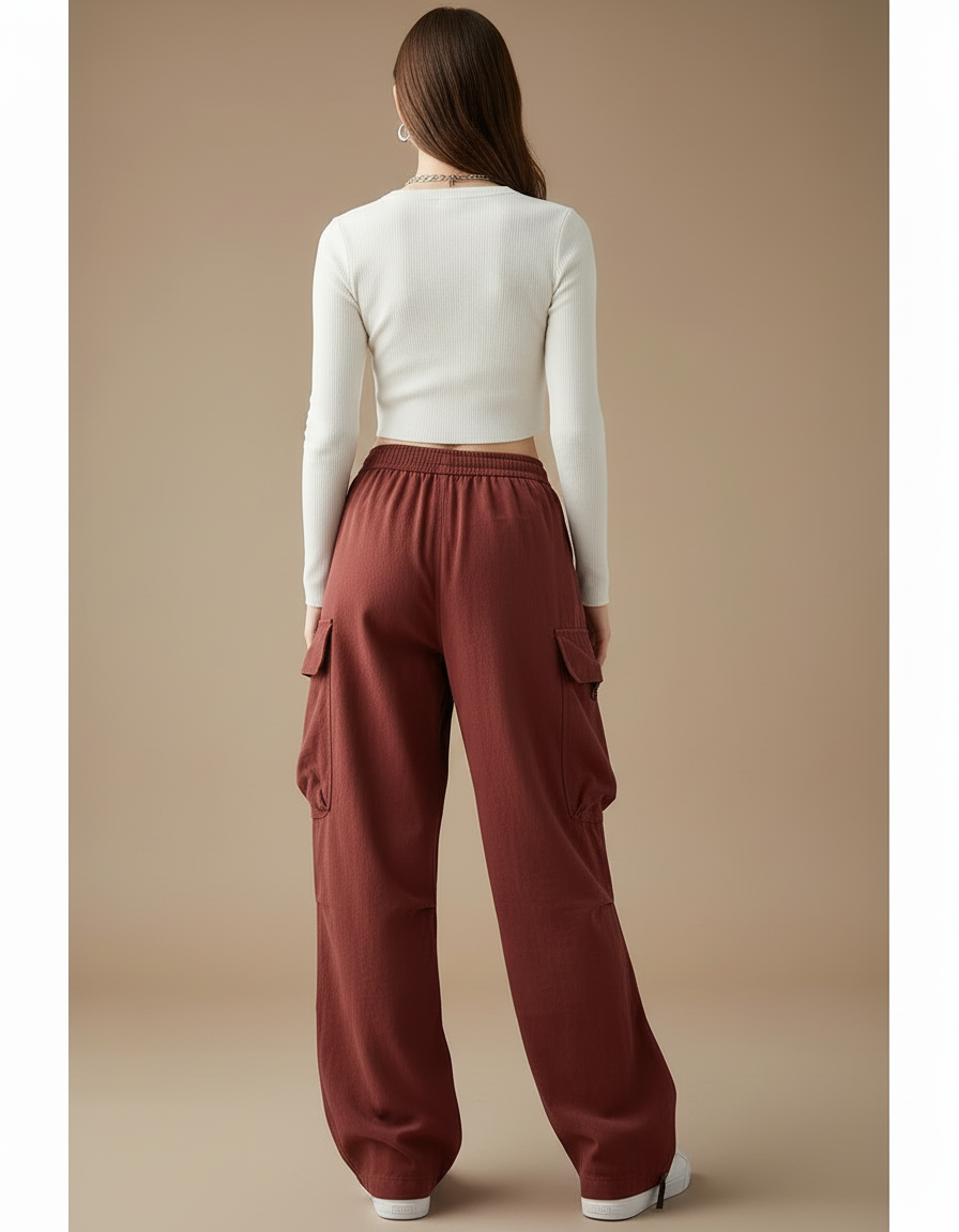 Pantalon Cargo Marron Ample Taille Élastique Femme - Bordeaux Toile - vue 2