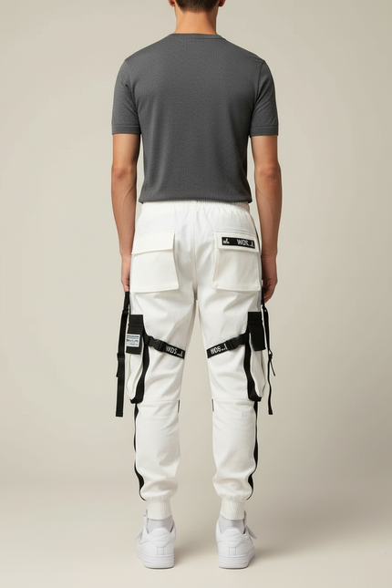 Pantalon Cargo Blanc Noir Techwear Poches Multiples Homme - Polyester - vue 2