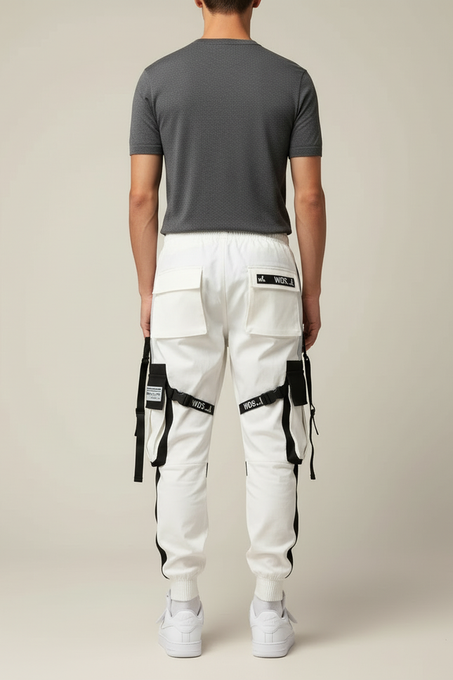 Pantalon Cargo Blanc Noir Techwear Poches Multiples Homme - Polyester - vue 2