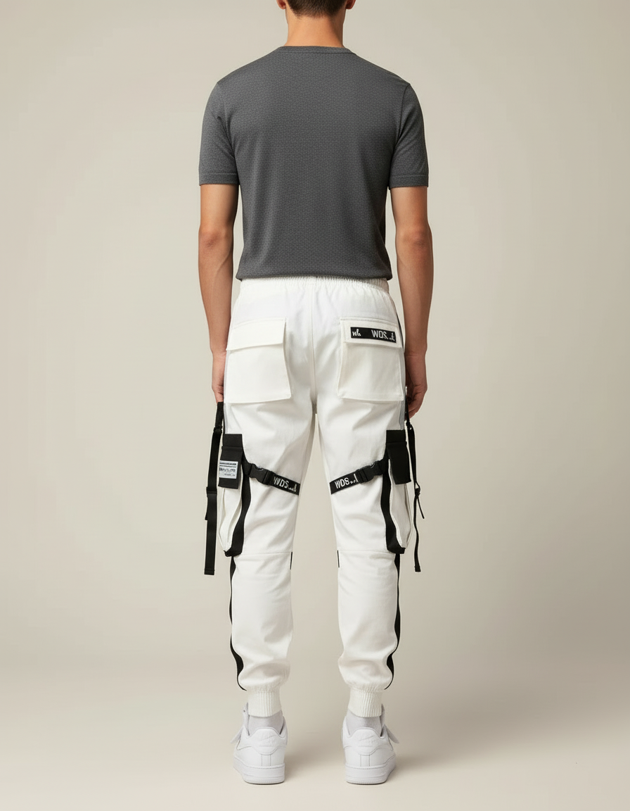 Pantalon Cargo Blanc Noir Techwear Poches Multiples Homme - Polyester - vue 2
