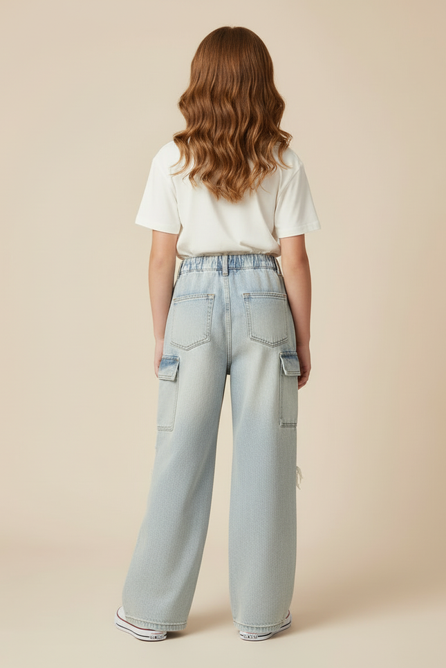 Pantalon Cargo Ample Jean Délavé Dégrippé Fille - Bleu - vue 2