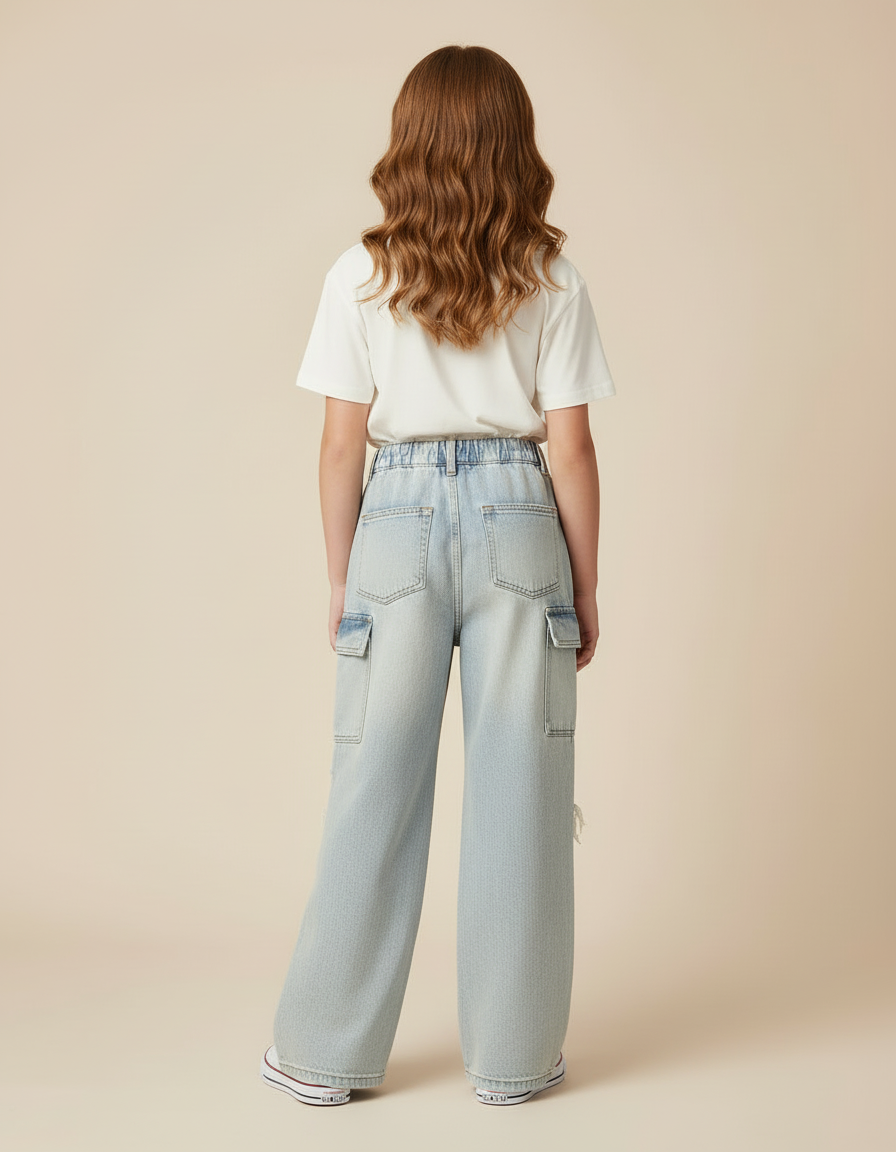 Pantalon Cargo Ample Jean Délavé Dégrippé Fille - Bleu - vue 2