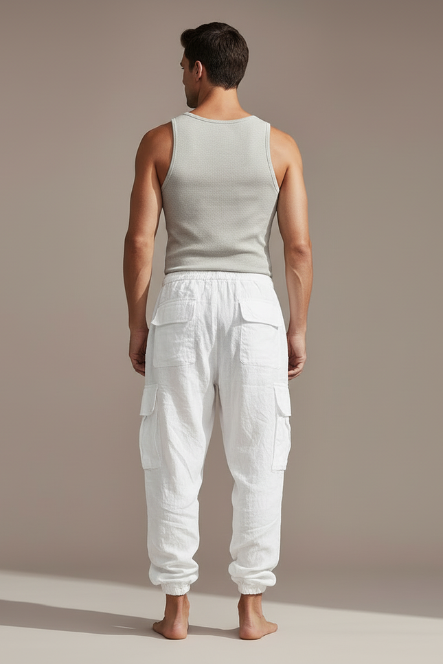 Pantalon Cargo Blanc Lin Ample Multi-Poches Homme - vue 2