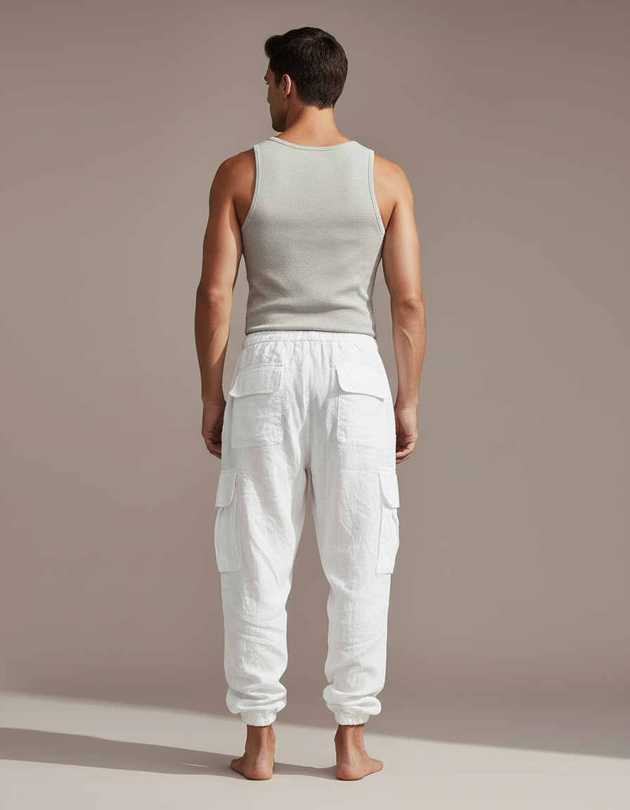 Pantalon Cargo Blanc Lin Ample Multi-Poches Homme - vue 2