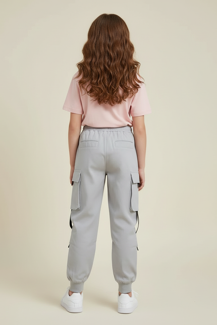 Pantalon Cargo Gris Streetwear Fille Multipoches Décontracté - Polyester - vue 2