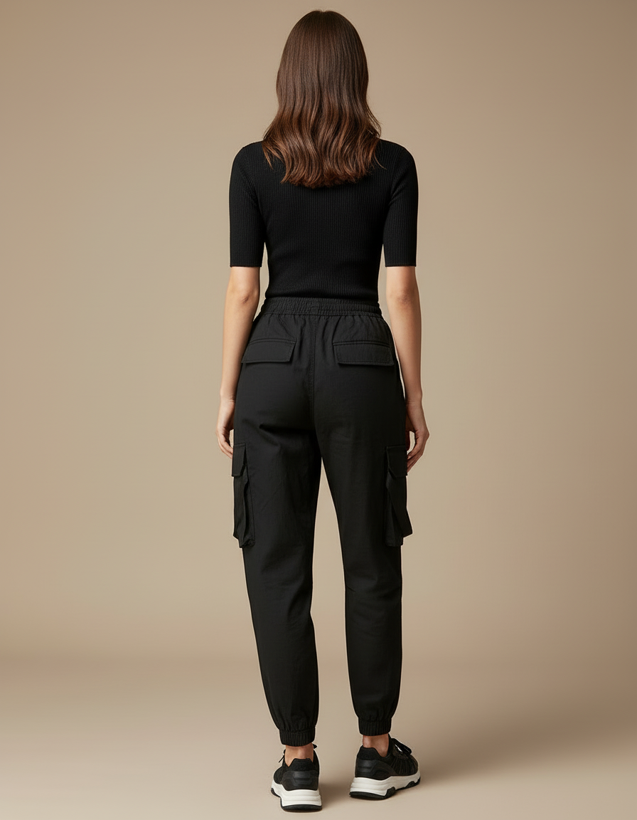 Pantalon Cargo Noir Ample Jogger Femme - Toile - vue 2
