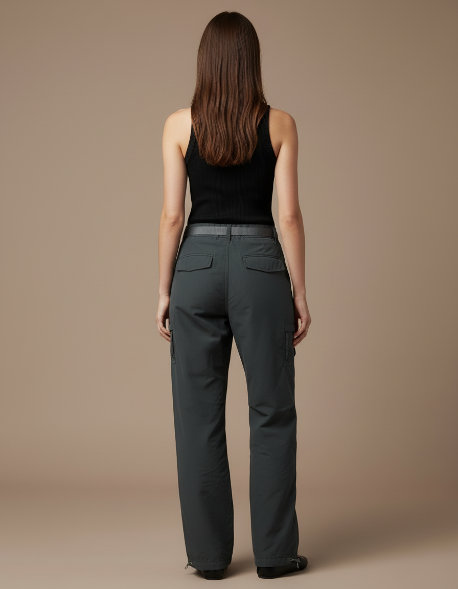 Pantalon Cargo Femme Gris Ample Poches - Polyester - vue 2