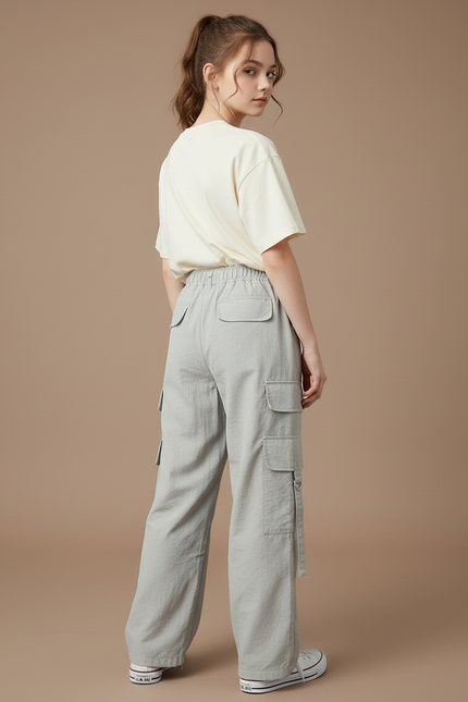 Pantalon Cargo Gris Fluide Ample Multipoches Fille - Polyester - vue 2