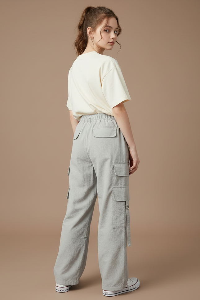Pantalon Cargo Gris Fluide Ample Multipoches Fille - Polyester - vue 2