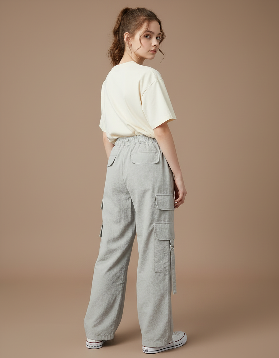 Pantalon Cargo Gris Fluide Ample Multipoches Fille - Polyester - vue 2