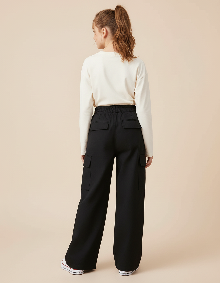 Pantalon Cargo Noir Ample Large Taille Élastique - Gabardine - vue 2