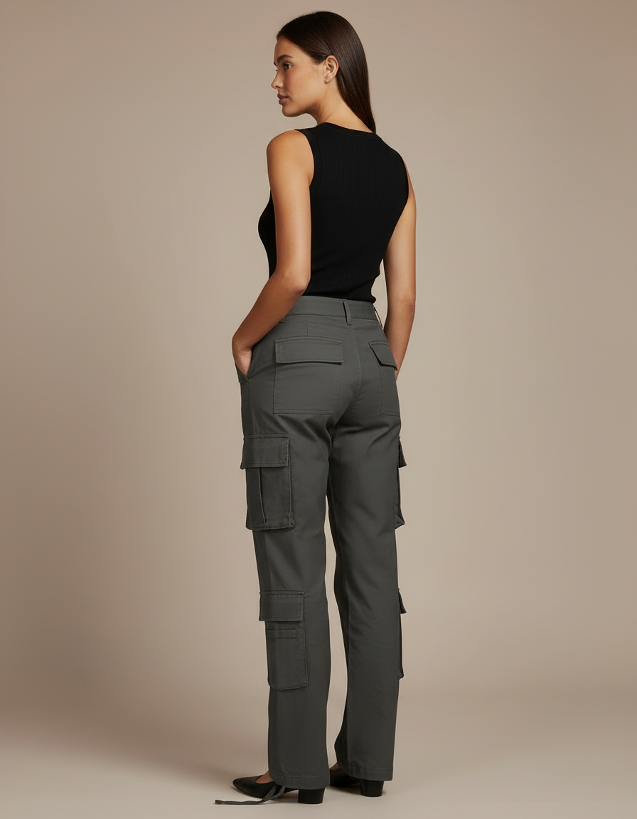 Pantalon Cargo Gris Ample Multipoches Femme - Gabardine - vue 2
