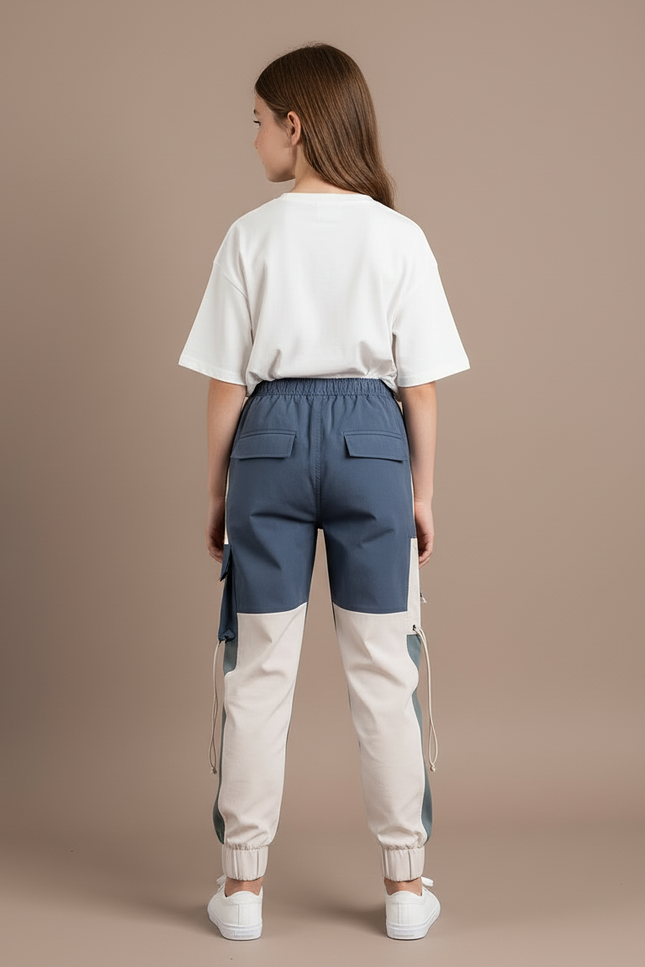 Pantalon Cargo Bicolore Ample Multipoches Streetwear Enfant - Multicolore Gabardine - vue 2