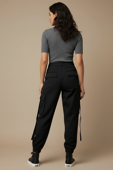 Pantalon Cargo Noir Fluide Multipoches Streetwear Femme - Gabardine - vue 2