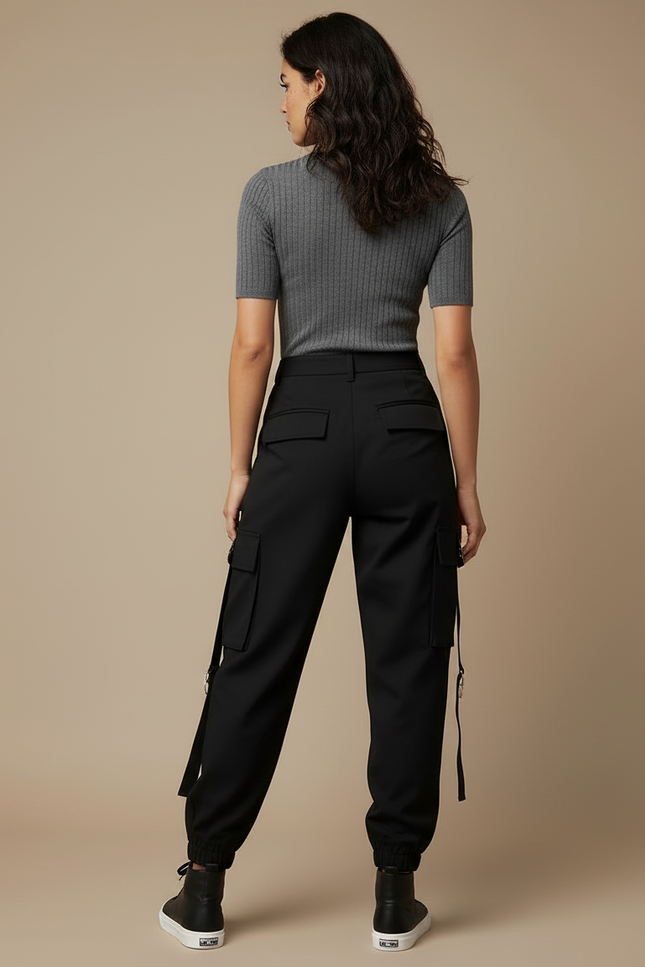 Pantalon Cargo Noir Fluide Multipoches Streetwear Femme - Gabardine - vue 2
