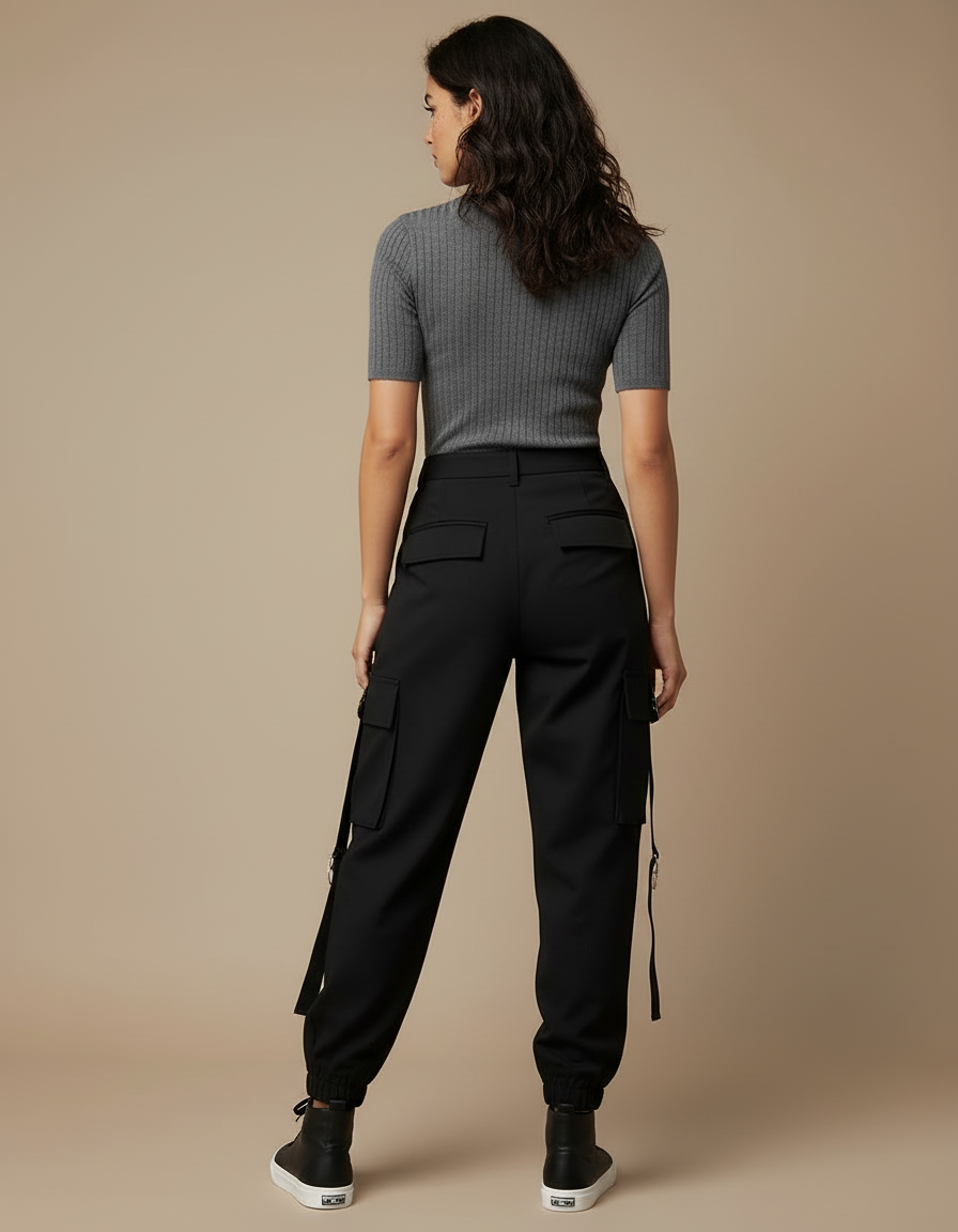 Pantalon Cargo Noir Fluide Multipoches Streetwear Femme - Gabardine - vue 2
