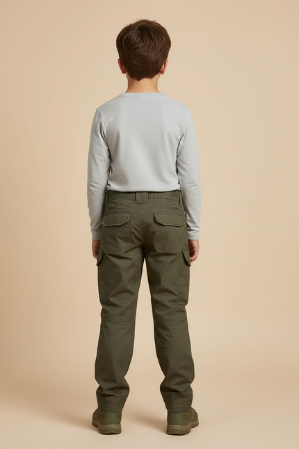 Pantalon Cargo Vert Militaire Genouillères Intégrées Enfant - Kaki Toile - vue 2