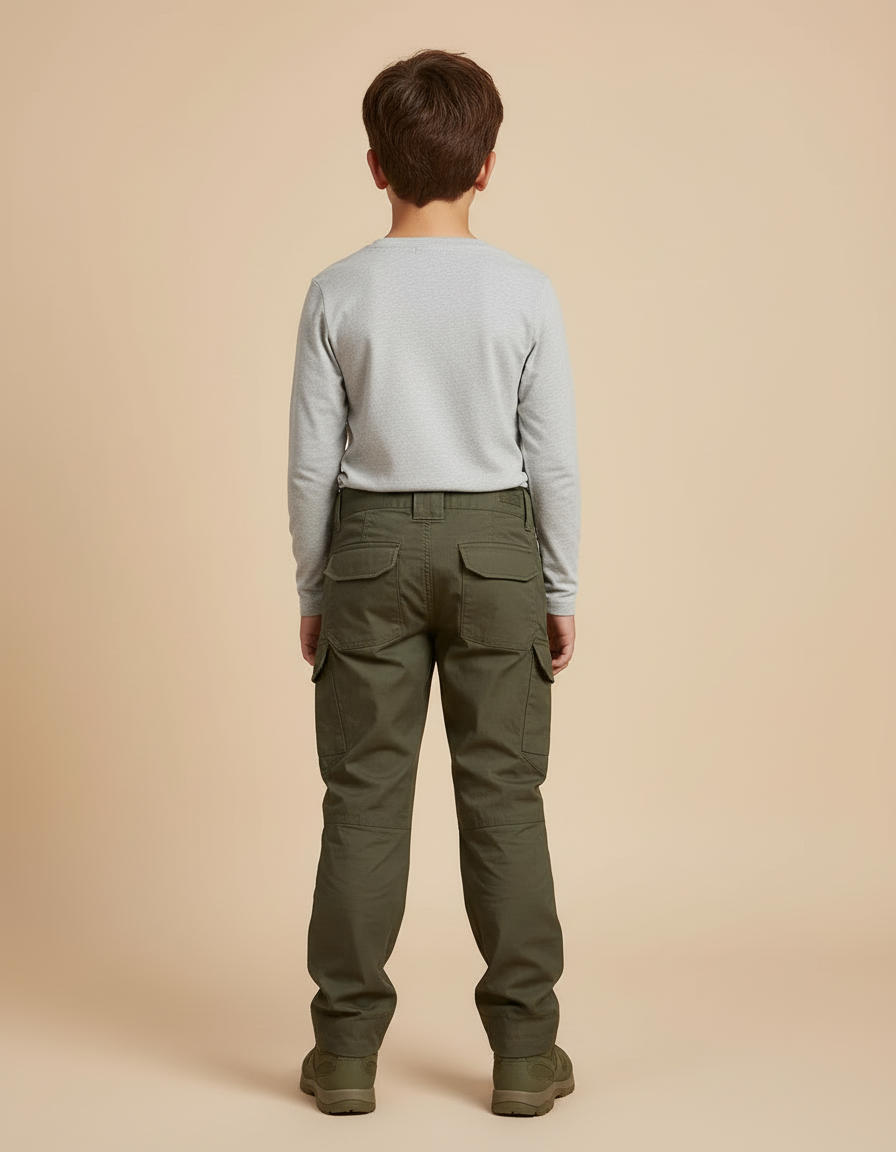 Pantalon Cargo Vert Militaire Genouillères Intégrées Enfant - Kaki Toile - vue 2