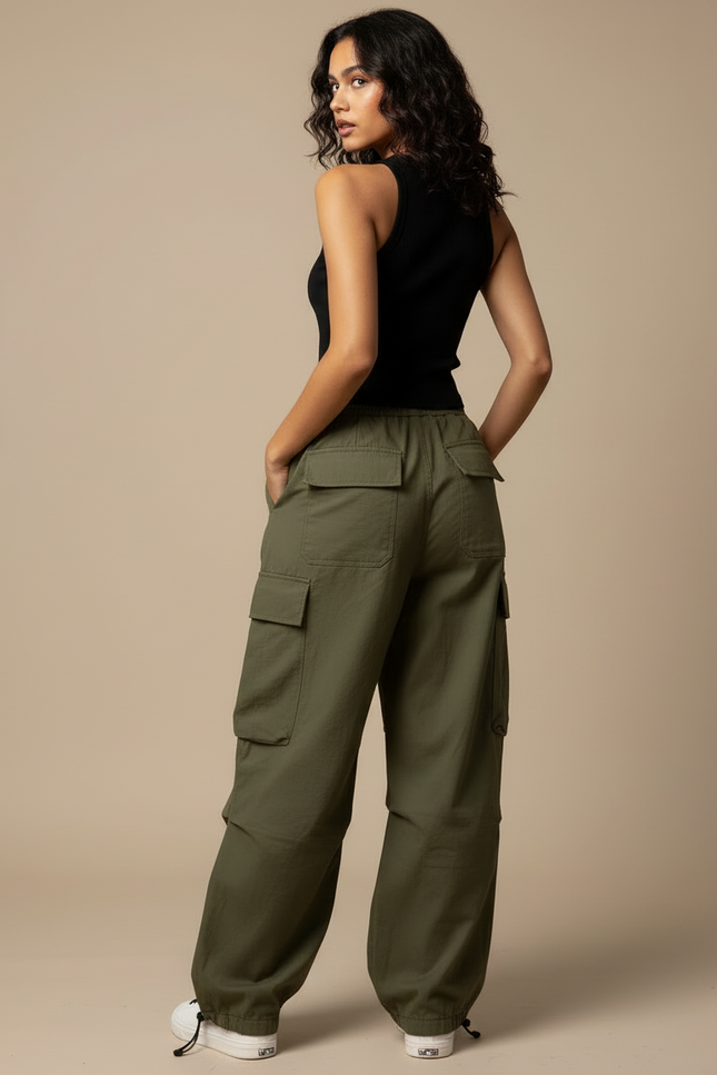 Pantalon Cargo Kaki Ample Décontracté Poches Femme - Toile - vue 2