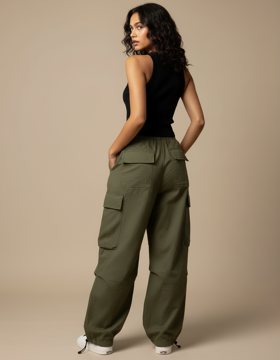 Pantalon Cargo Kaki Ample Décontracté Poches Femme - Toile - vue 2