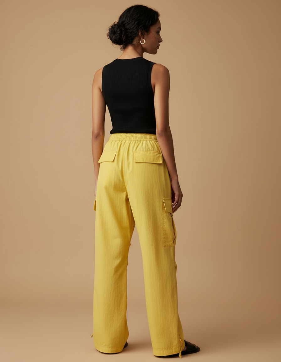 Pantalon Cargo Jaune Ample Taille Haute Femme - Toile - vue 2
