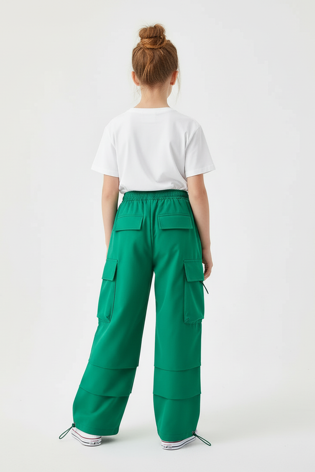 Pantalon Cargo Vert Ample Cordon Multipoches Enfant - Polyester - vue 2
