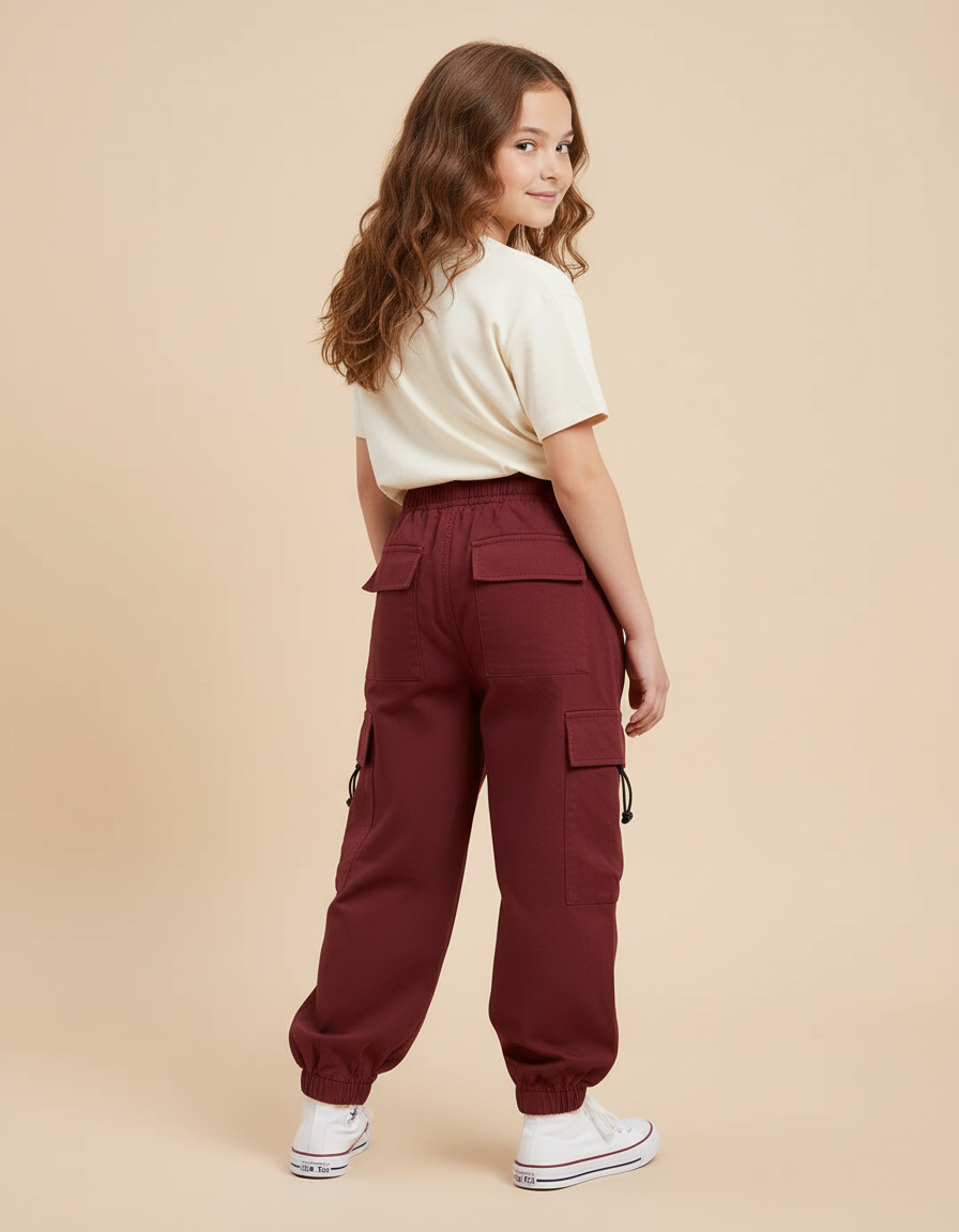 Pantalon Cargo Bordeaux Ample Streetwear Décontracté Fille - Coton - vue 2