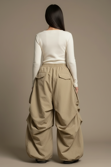 Pantalon Cargo Kaki Ample Plissé Décontracté Femme - Polyester - vue 2