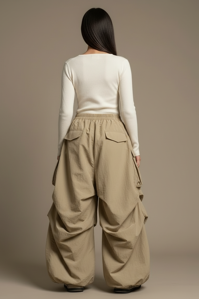Pantalon Cargo Kaki Ample Plissé Décontracté Femme - Polyester - vue 2