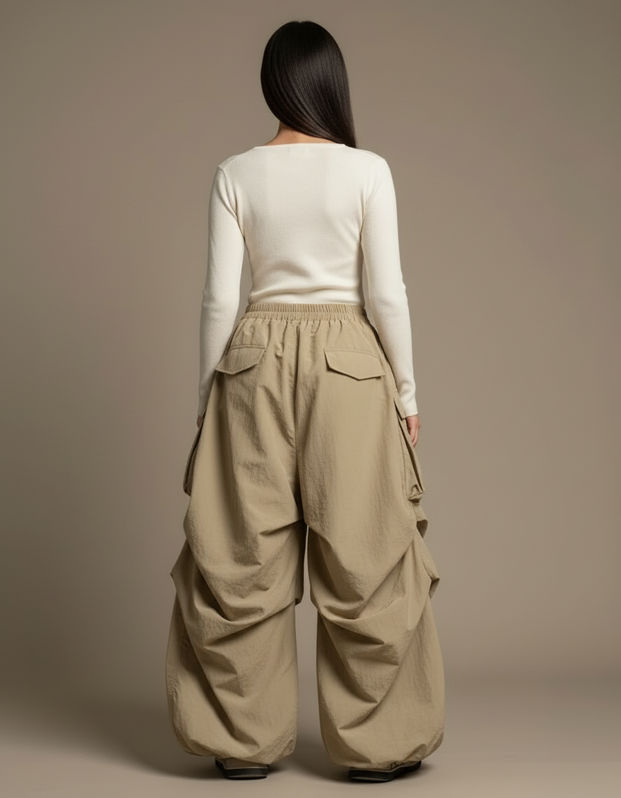 Pantalon Cargo Kaki Ample Plissé Décontracté Femme - Polyester - vue 2