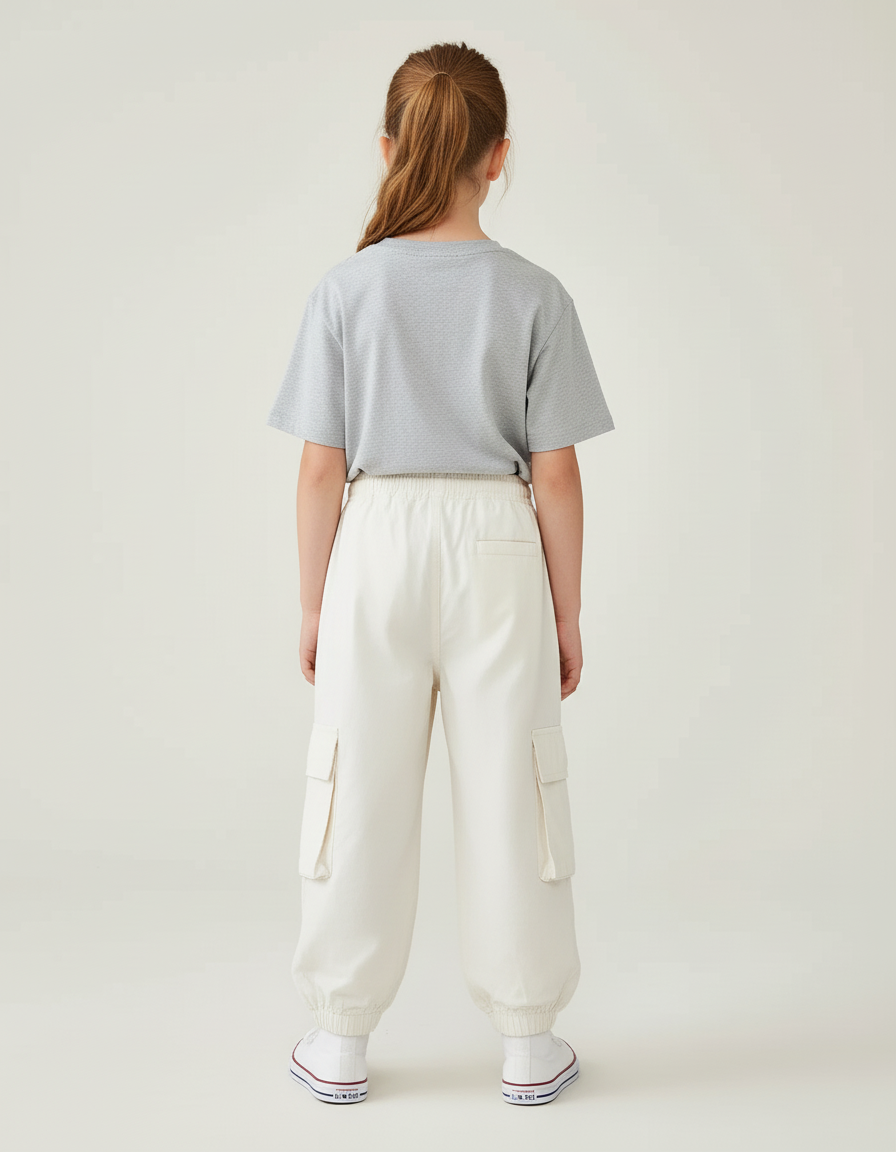 Pantalon Cargo Écru Léger Ample Multipoches Enfant - Beige Coton - vue 2