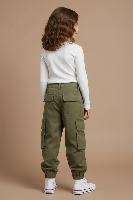 Pantalon Cargo Vert Kaki Ample Poches Latérales Enfant - Toile - vue 2