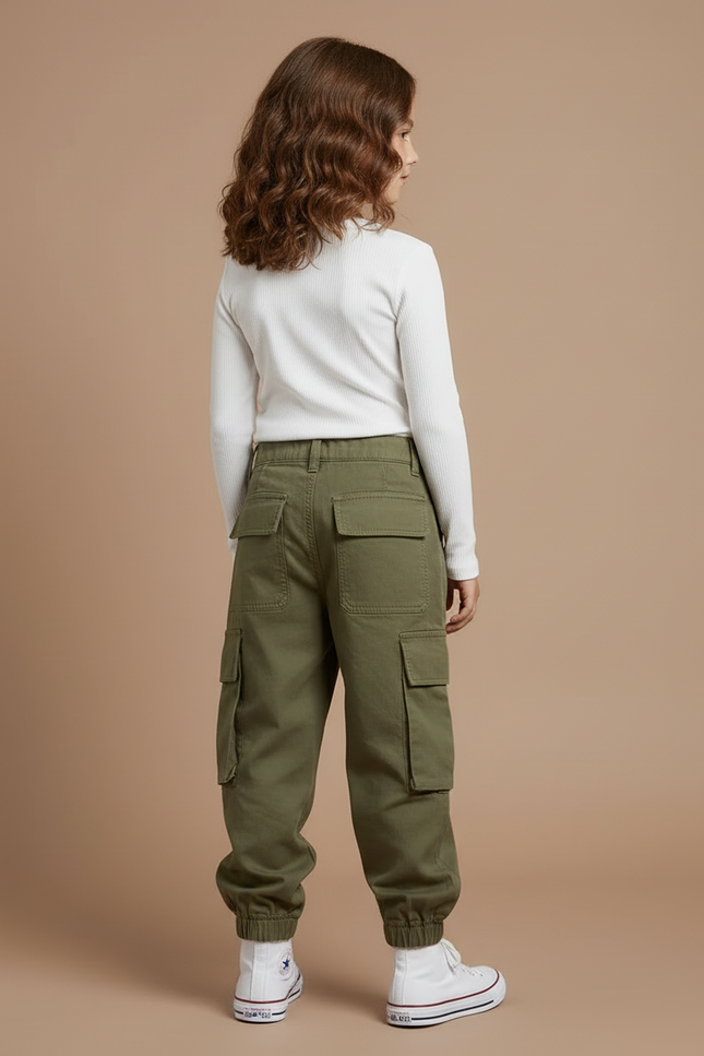 Pantalon Cargo Vert Kaki Ample Poches Latérales Enfant - Toile - vue 2