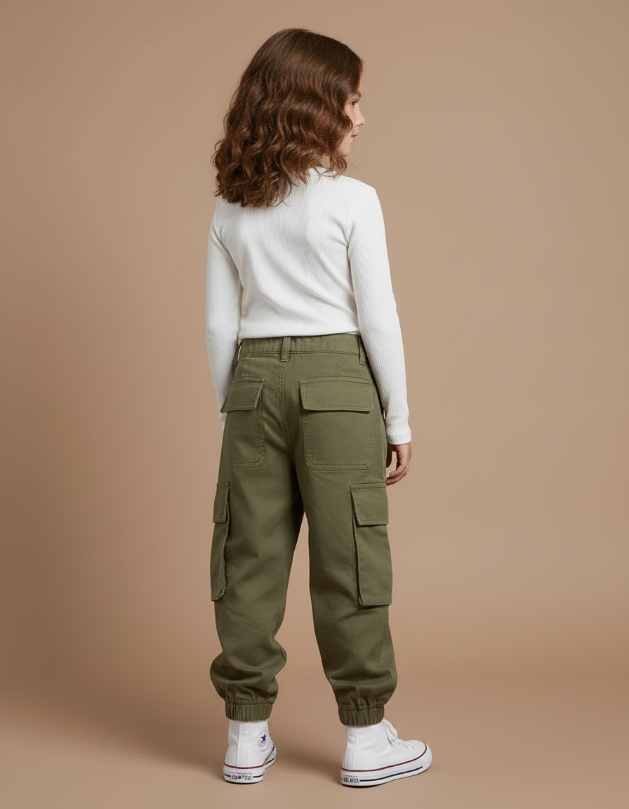 Pantalon Cargo Vert Kaki Ample Poches Latérales Enfant - Toile - vue 2