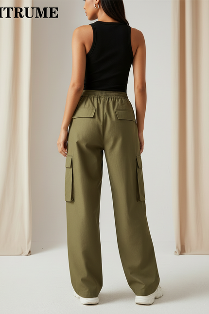 Pantalon Cargo Vert Ample Taille Haute Femme - Kaki Toile - vue 2