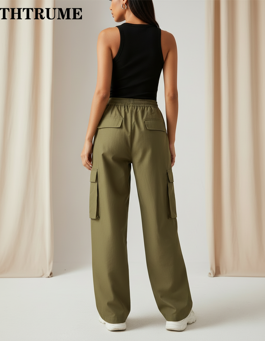 Pantalon Cargo Vert Ample Taille Haute Femme - Kaki Toile - vue 2