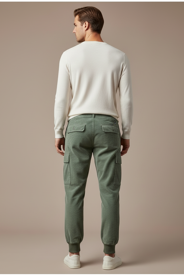 Pantalon Cargo Vert Côtelé Ample Homme Jogger - Kaki Cordé - vue 2
