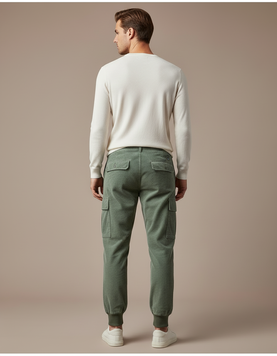 Pantalon Cargo Vert Côtelé Ample Homme Jogger - Kaki Cordé - vue 2