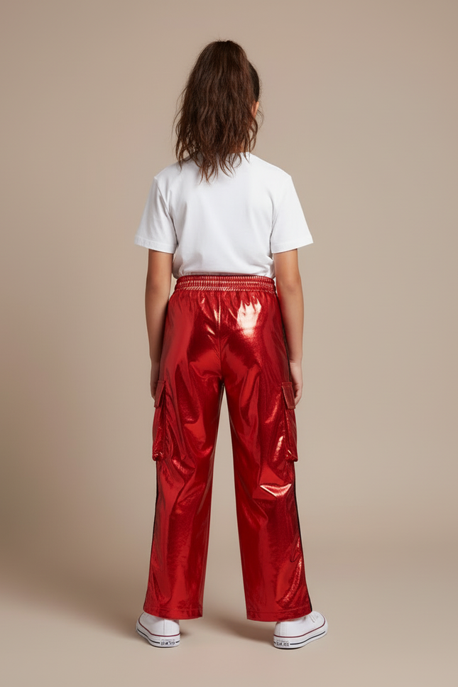Pantalon Cargo Rouge Brillant Ample Fille Streetwear - Polyester - vue 2