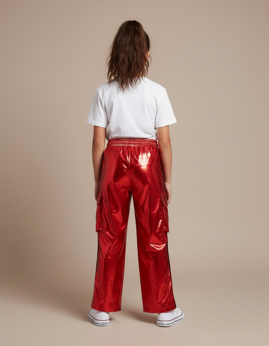 Pantalon Cargo Rouge Brillant Ample Fille Streetwear - Polyester - vue 2