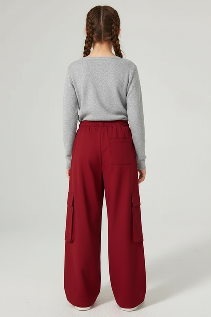 Pantalon Cargo Rouge Rayures Blanches Ample Fille - Bordeaux Polyester - vue 2