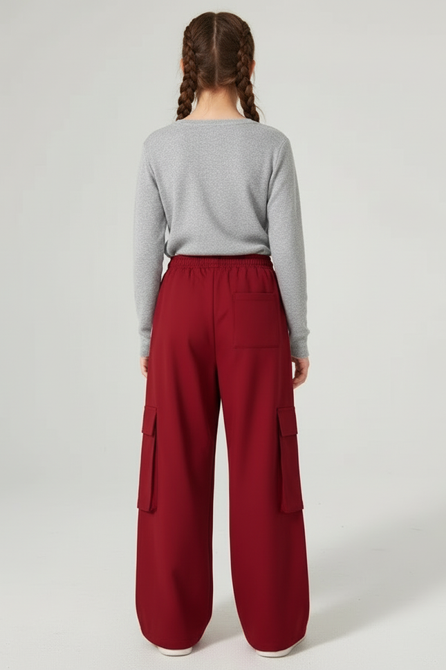 Pantalon Cargo Rouge Rayures Blanches Ample Fille - Bordeaux Polyester - vue 2