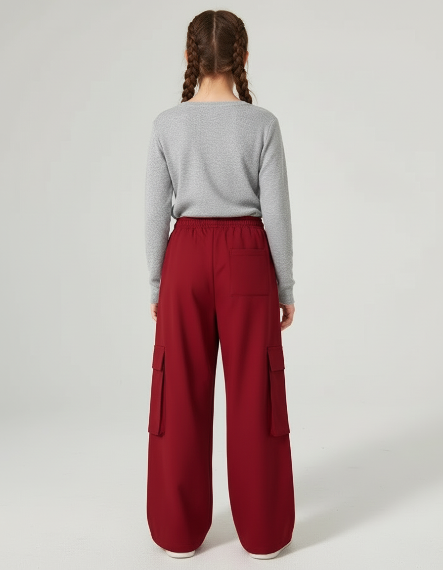 Pantalon Cargo Rouge Rayures Blanches Ample Fille - Bordeaux Polyester - vue 2