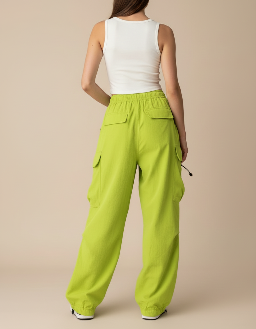 Pantalon Cargo Vert Ample Multi-Poches Streetwear Femme - Polyester - vue 2