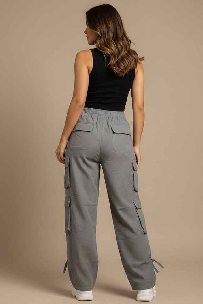 Pantalon Cargo Gris Ample Multipoches Streetwear Femme - Coton - vue 2