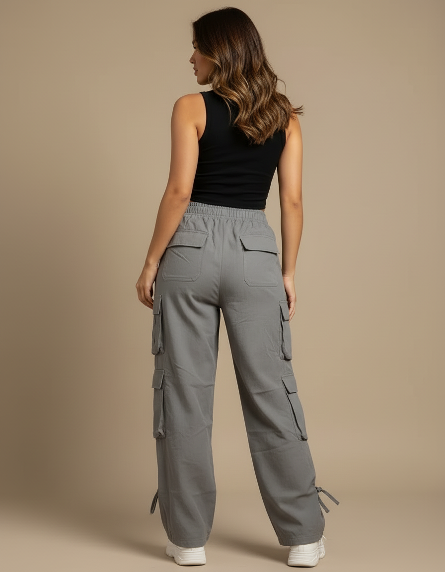 Pantalon Cargo Gris Ample Multipoches Streetwear Femme - Coton - vue 2